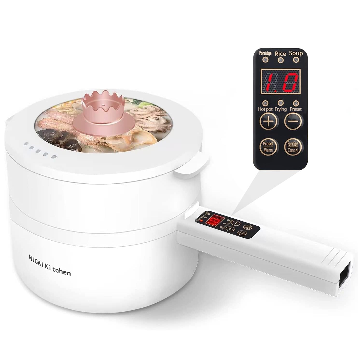 NICAI Kitchen Electric Hot Pot1.8L Electric Cooker Steamer Multifunctional Non-stick PanSuitable For Ramen Steak EggRice Oatmeal Soup Smart Button Gold